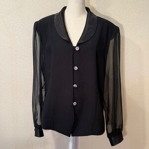 Vintage Spring Blazer Top Sheer Sleeve Rhinestone Buttons Women XL Black